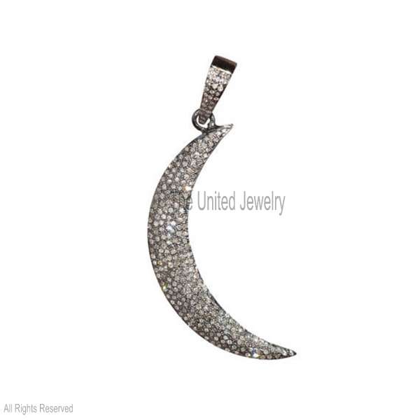 925 Sterling Silver Crescent Moon Pave Diamond Pendant