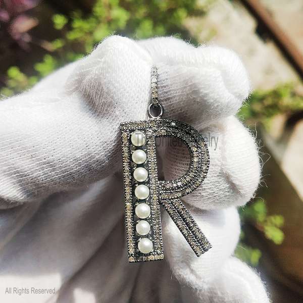 925 Sterling Silver Pave Diamond & Pearl Initial Letter "R" Pendant