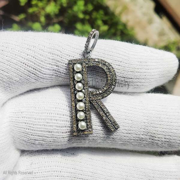 925 Sterling Silver Pave Diamond & Pearl Initial Letter "R" Pendant