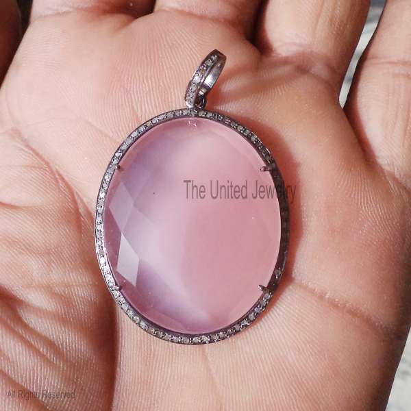 925 Sterling Silver Faceted Pink Rose Quartz Oval Halo Pendant