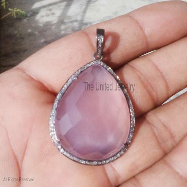 925 Sterling Silver Faceted Rose Quartz Pear Drop Pave Diamond Pendant