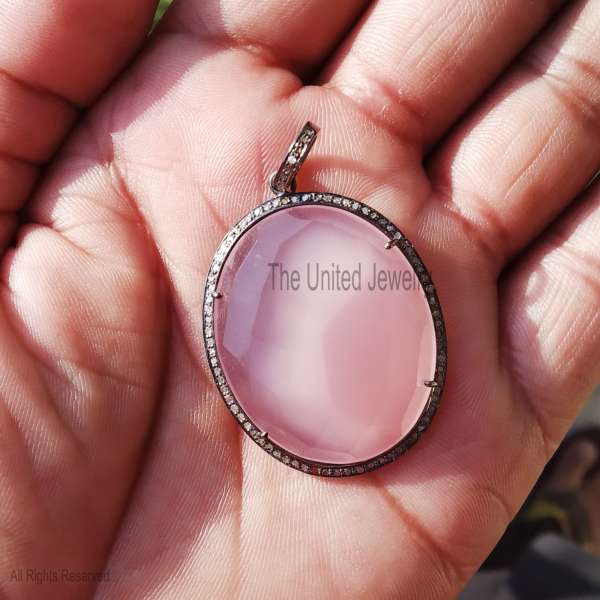 925 Sterling Silver Faceted Pink Rose Quartz Oval Halo Pendant