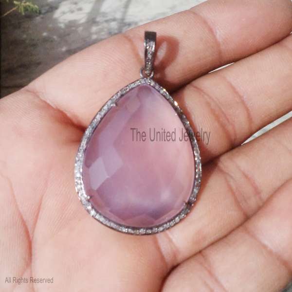 925 Sterling Silver Faceted Rose Quartz Pear Drop Pave Diamond Pendant
