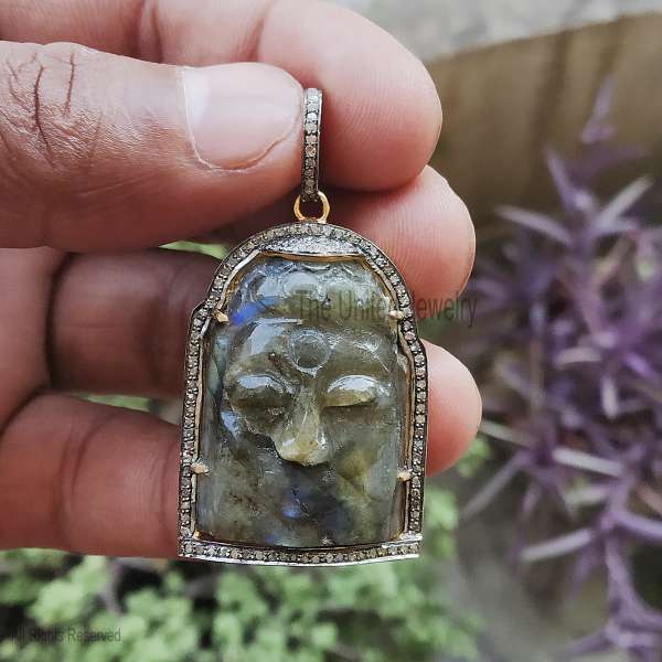 925 Sterling Silver Hand-Carved Labradorite Buddha Face Halo Pendant