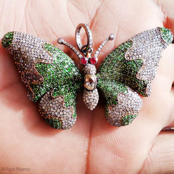 925 Sterling Silver Pave Diamond Butterfly Pendant with Ruby Eyes925 Sterling Silver Pave Diamond Butterfly Pendant with Ruby Eyes