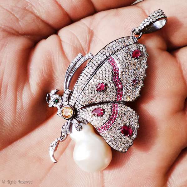 925 Sterling Silver Pave Diamond Butterfly Pendant with Ruby & Baroque Pearl