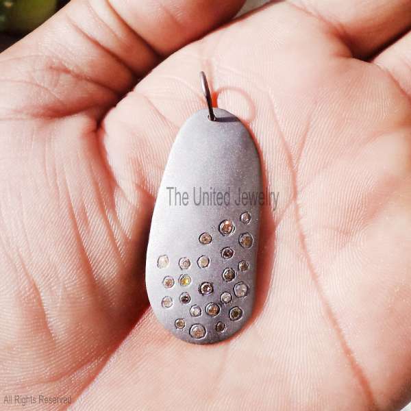 925 Sterling Silver Matte Pebble Pendant with Scattered Pave Diamonds