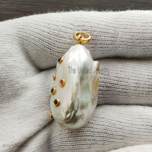 925 Silver Large Organic Mother of Pearl with Mixed Stones pendant.