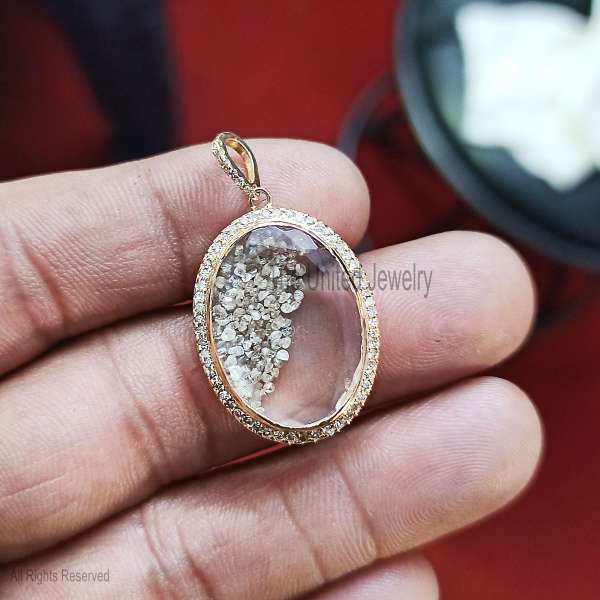 925 Sterling Silver Gold Plated Floating Diamond Glass Medallion Pendant