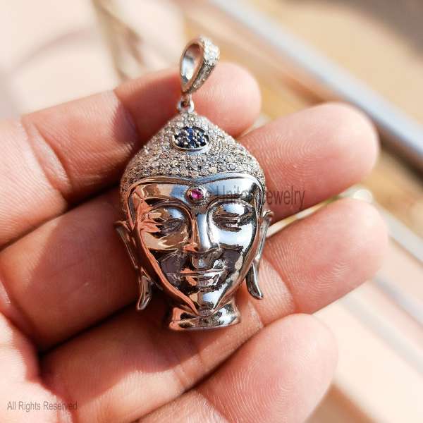 925 Sterling Silver Pave Diamond & Ruby Buddha Head Spiritual Pendant