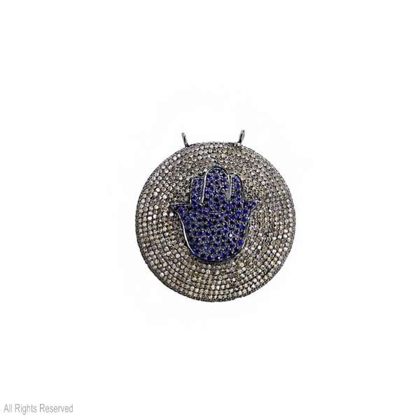 925 Sterling Silver Hamsa Hand Medallion Pendant with Blue Sapphire Center