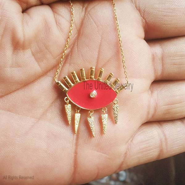 925 Sterling Silver Gold Plated Red Enamel Evil Eye Fringe Necklace