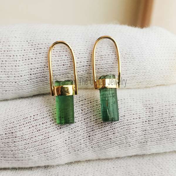 925 Sterling Silver Gold Plated Raw Green Tourmaline Crystal Bar pendant