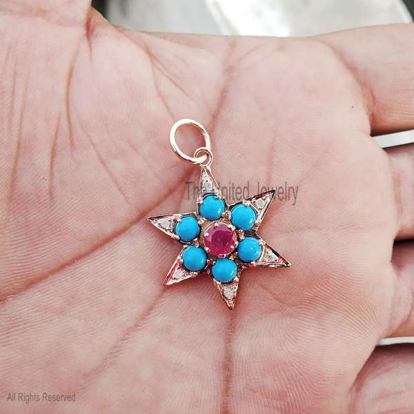 925 Sterling Silver Star of David Turquoise & Ruby Pave Diamond Pendant
