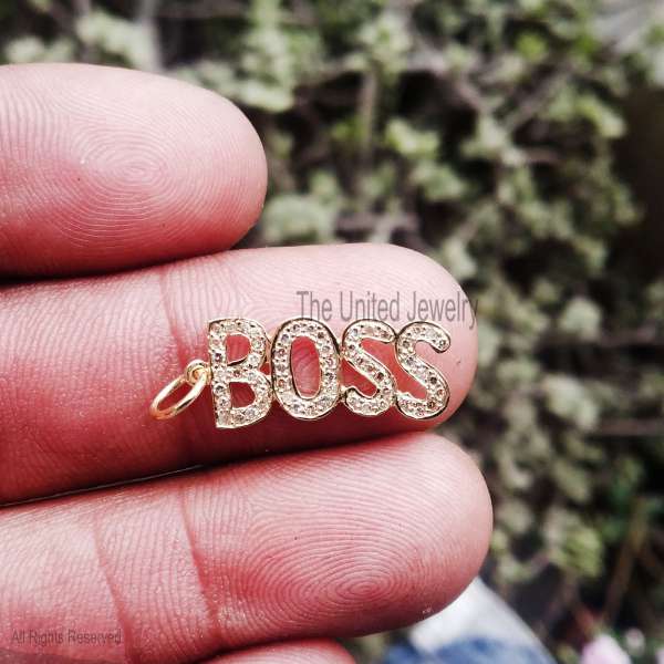 925 Sterling Silver Gold Plated Pave Diamond "BOSS" Word Pendant