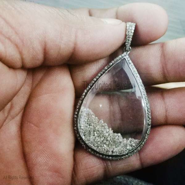 925 Sterling Silver Teardrop Shaker Pendant with Floating Crystals