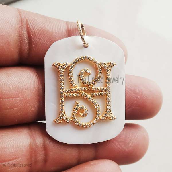 925 Sterling Silver Gold Plated Pave Diamond "HS" Initial Medallion Pendant