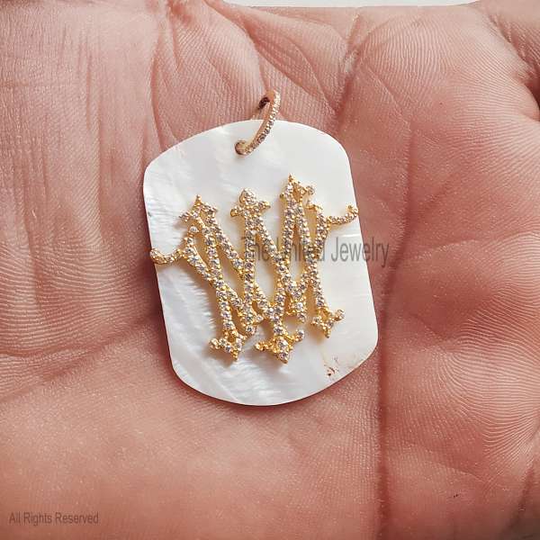 925 Sterling Silver Gold Plated Pave Diamond "MW" Initial Medallion Pendant
