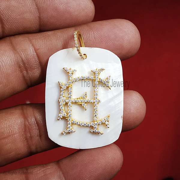 925 Sterling Silver CH Initial Pendant on Mother of Pearl Slab