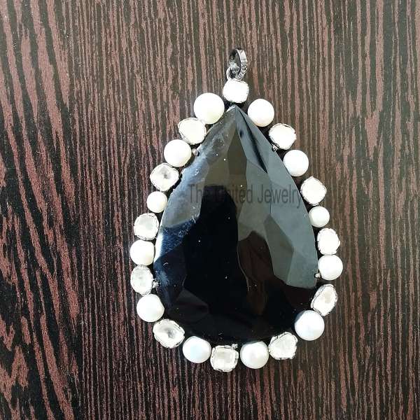 925 Sterling Silver Faceted Black Onyx Teardrop Pendant with Pearl Halo