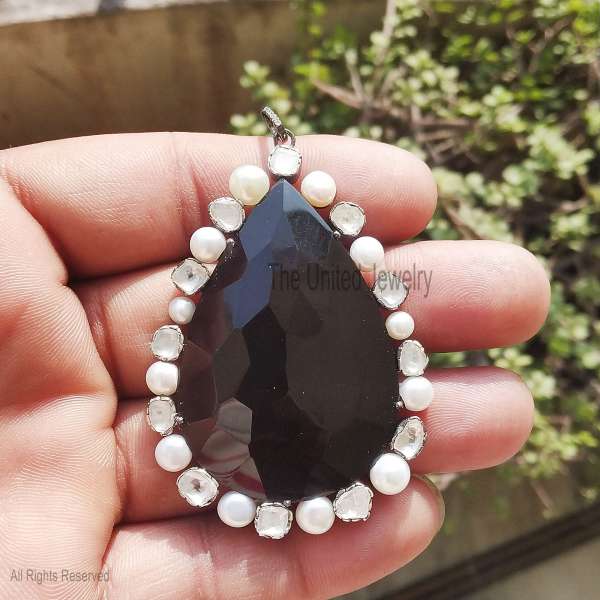 925 Sterling Silver Faceted Black Onyx Teardrop Pendant with Pearl Halo