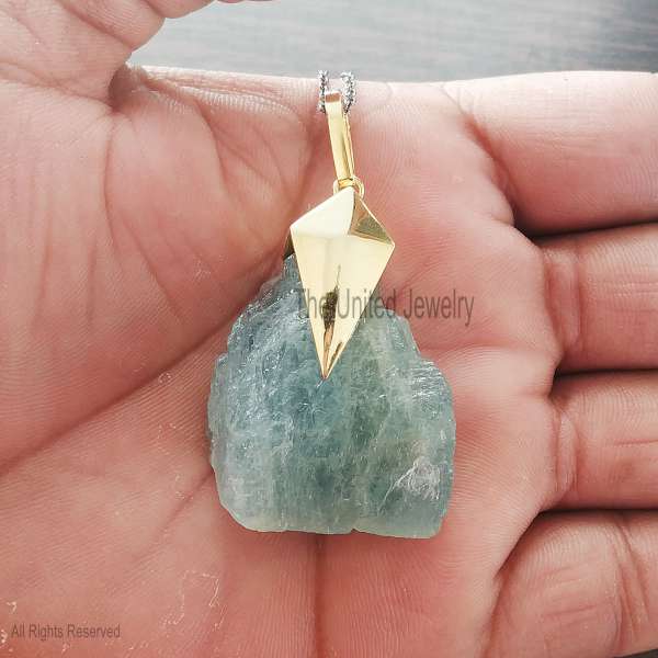 925 Sterling Silver Raw Aquamarine Crystal Pendant with Geometric Gold Cap