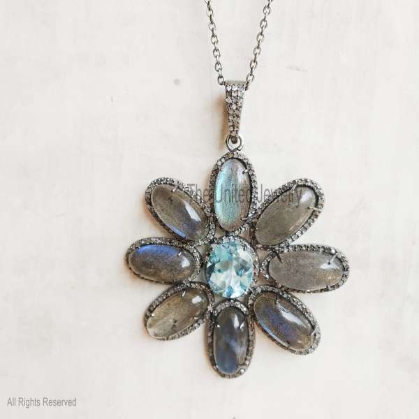 925 Sterling Silver Labradorite & Blue Topaz Flower Statement Pendant