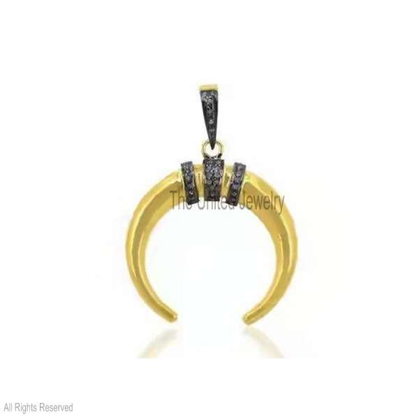 925 Sterling Silver Double Horn Crescent Pendant – Gold Vermeil & Pave Accents