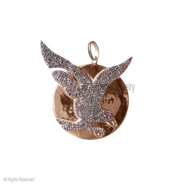 925 Sterling Silver Iced Eagle on Hammered Disc Statement Pendant