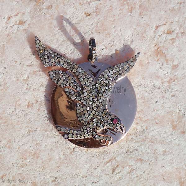 925 Sterling Silver Iced Eagle on Hammered Disc Statement Pendant
