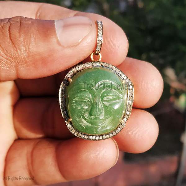 925 Sterling Silver Hand-Carved Green Aventurine Buddha Face Pendant