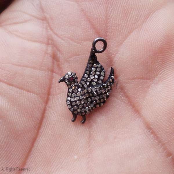 925 Sterling Silver Iced Out Flying Bird Swallow Pendant with Ruby Eye