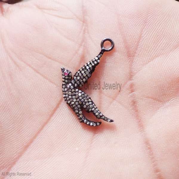 Sterling Silver Bird Charm Pendant with Ruby Accents & Pave Stones