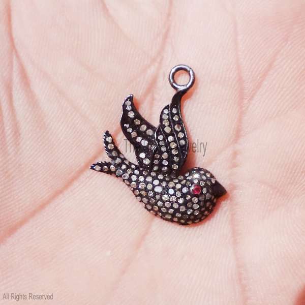 925 Sterling Silver Diamond & Ruby Swallow Bird Pendant | Oxidized Vintage Style