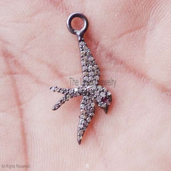 Sterling Silver Pave Swallow Bird Pendant - Oxidized 925 Silver Charm