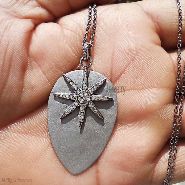 Oxidized 925 Sterling Silver Starburst Teardrop Pendant Necklace