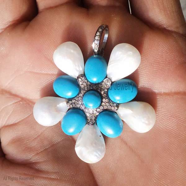 Sterling Silver Turquoise & Mother of Pearl Floral Pendant - Handcrafted Artisan Charm