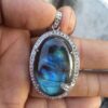 Large Oval Labradorite Pendant in 925 Sterling Silver - Blue Fire Gemstone Charm