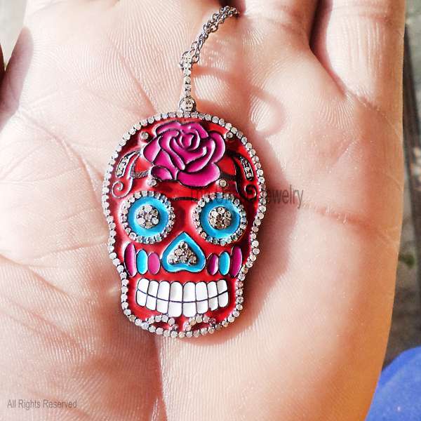 Sterling Silver Enamel Sugar Skull Pendant - Rose & Pave Stone Calavera Charm
