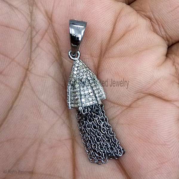 925 Sterling Silver Pave Diamond Tassel Pendant | Oxidized Silver Chain Charm