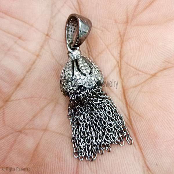 925 Sterling Silver Pave Diamond Bell Tassel Pendant | Vintage Fringe Statement Charm