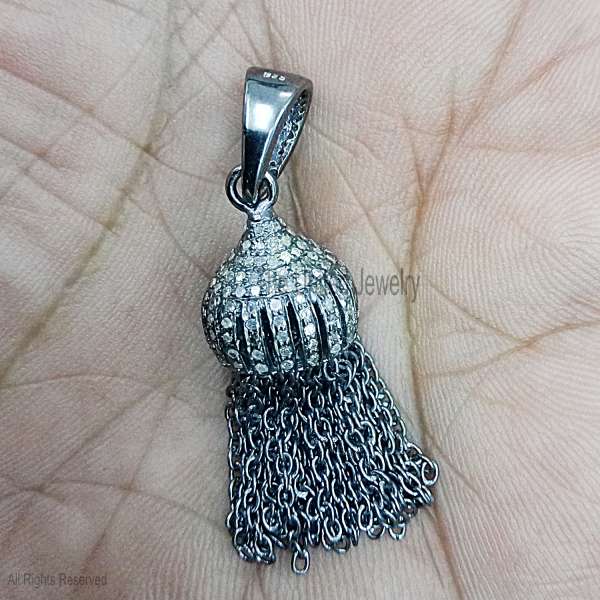Sterling Silver Tassel Pendant - Oxidized 925 Silver Pave Stone Charm