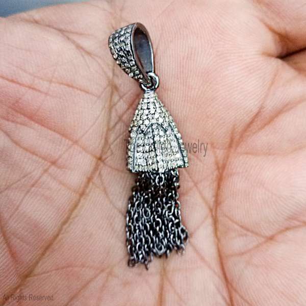 925 Sterling Silver Pave Diamond Tassel Pendant | Oxidized Silver Chain Charm