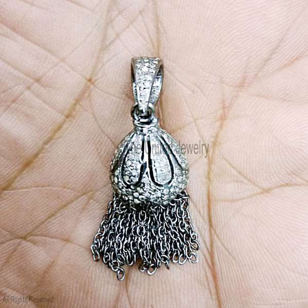 925 Sterling Silver Pave Diamond Bell Tassel Pendant | Vintage Fringe Statement Charm