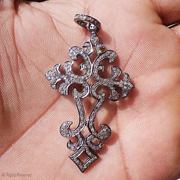 Sterling Silver Filigree Cross Pendant - Oxidized 925 Silver Pave Stone Charm