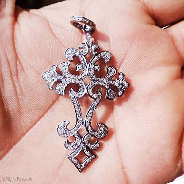 Sterling Silver Filigree Cross Pendant - Oxidized 925 Silver Pave Stone Charm