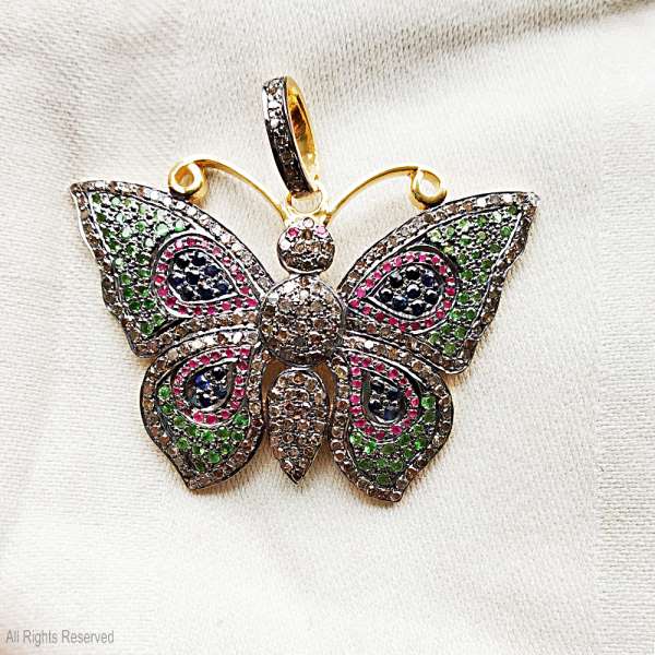 Multi-Gemstone Sterling Silver Butterfly Pendant - Handcrafted Artisan Charm