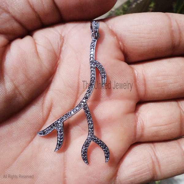 Sterling Silver Branch Coral Pendant - Oxidized 925 Silver Pave Stone Charm