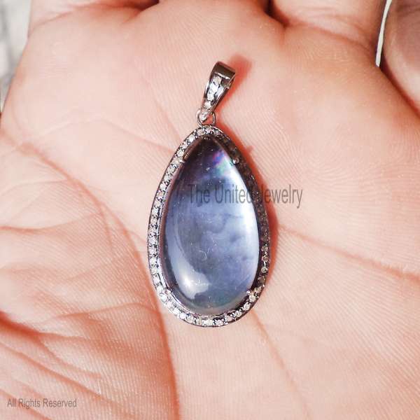 925 Sterling Silver Pear-Cut Iolite Pendant | Pave Diamond Teardrop Halo Charm
