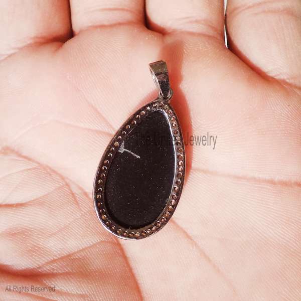 925 Sterling Silver Pear-Cut Iolite Pendant | Pave Diamond Teardrop Halo Charm
